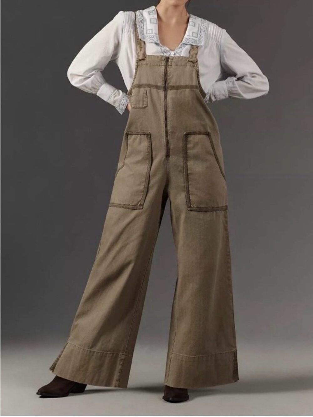 Anthropologie Pilcro Wide Leg Khaki Cotton Bib Overalls Carpenter Boho Medium